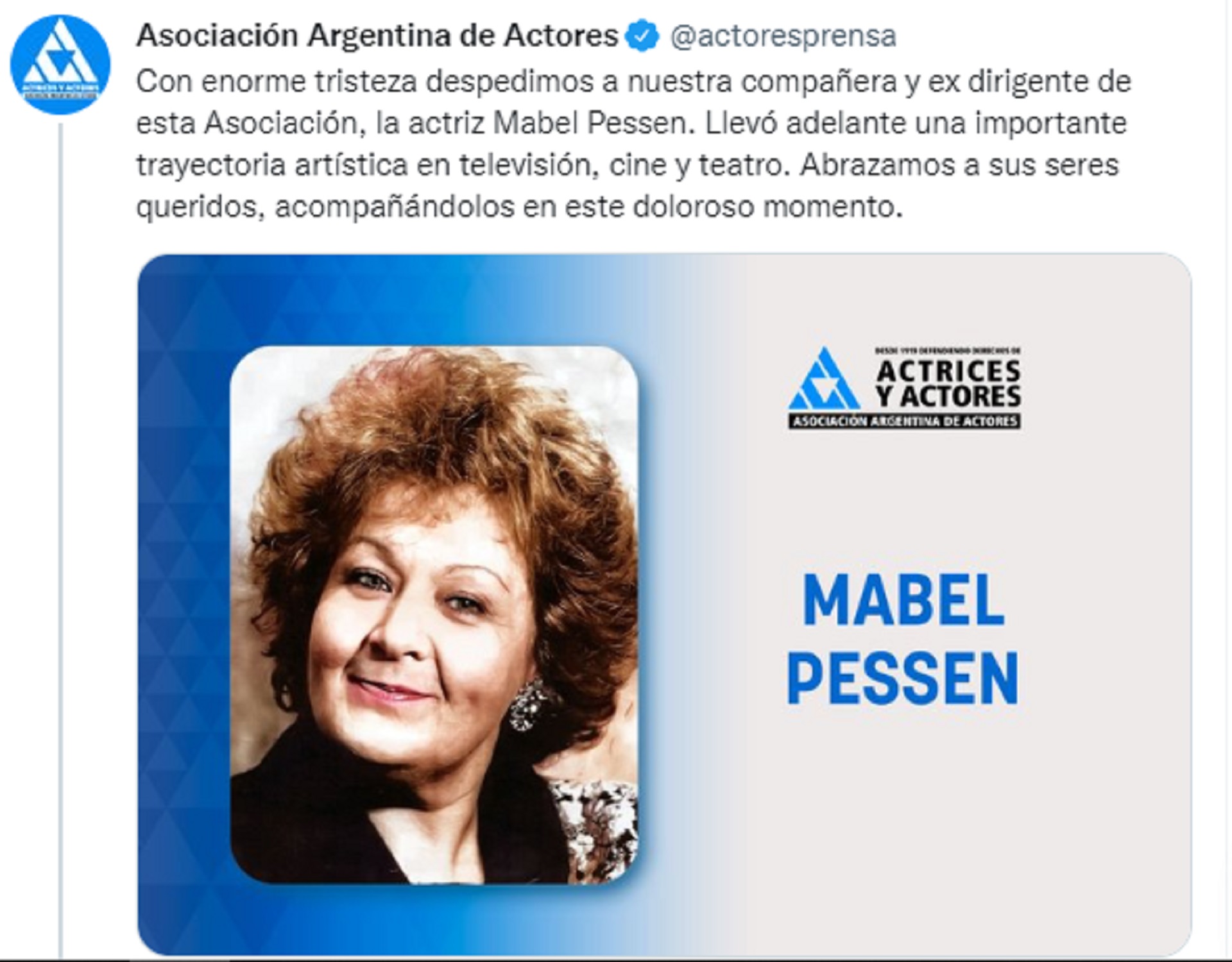 El mensaje de Actores para anunciar la muerte de la querida actriz