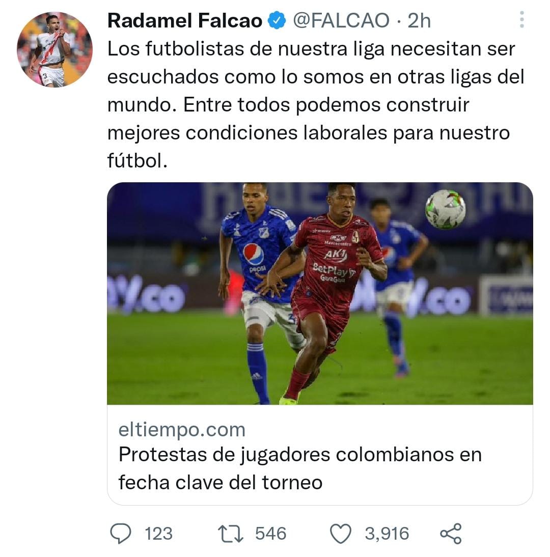 A través de Twitter, el Tigre expresó su apoyo para los jugadores de la Liga Betplay. Tomado de @FALCAO