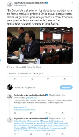 Registraduría Nacional del Estado Civil dice que dará garantías de cara a las elecciones presidenciales. Pantallazo del Twitter de la Registraduría