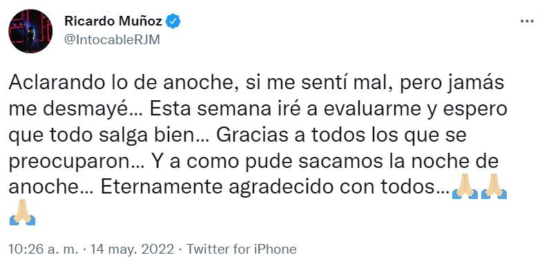 Así fue la aclaración del cantante sobre su supuesto desmayo (Foto: captura de pantalla/Twitter)