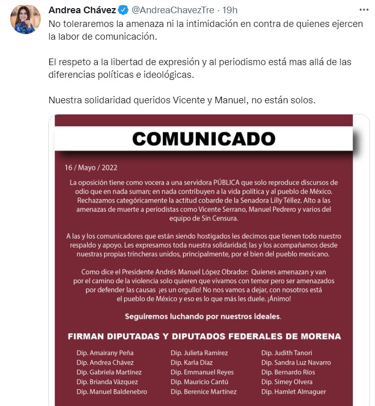 Los morenistas lamentaron que la oposición tenga como vocera a Lilly Téllez, "una servidora pública que sólo reproduce discursos de odio" (Foto: Twitter/@AndreaChavezTre)