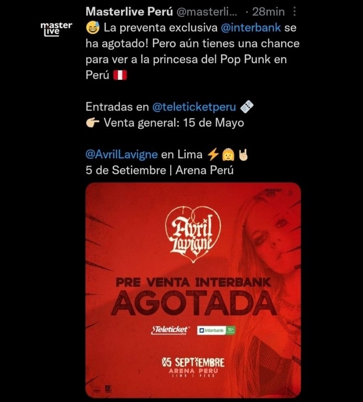 Avril Lavigne arrasó con entradas para su concierto en Lima. (Foto: Twitter)