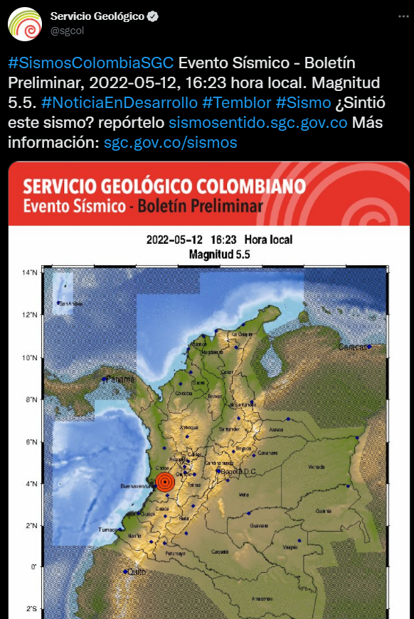En la tarde de este jueves 12 de mayo, se registró un sismo de 5.5 grados con epicentro en Cali. FOTO: vía Twitter (@sgcol)
