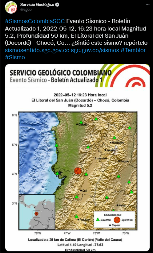 Este 12 de mayo, el Servicio Geológico Colombiano también reportó un sismo de 5.2 grados en el Litoral de San Juan (Chocó). FOTO: vía Twitter (@sgcol)