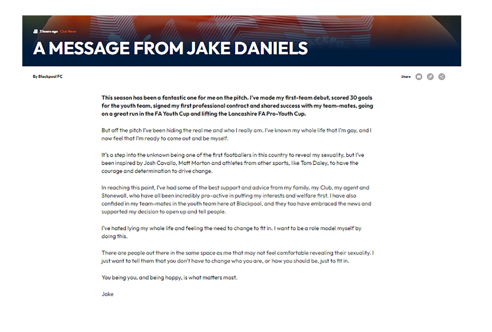 La carta de Jake Daniels publicada en el sitio del Blackpool