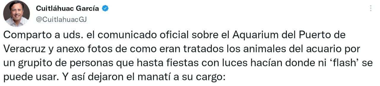 El gobernador de Veracruz denunció el maltrato que sufrieron los animales debido a las luces y sonido de una fiesta llevada a cabo en el acuario. Foto: Twitter @CuitlahuacGJ