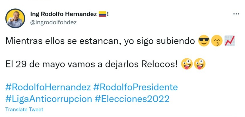 Rodolfo Hernández en sus redes sociales. Foto: Twiiter @ingrodolfohdez